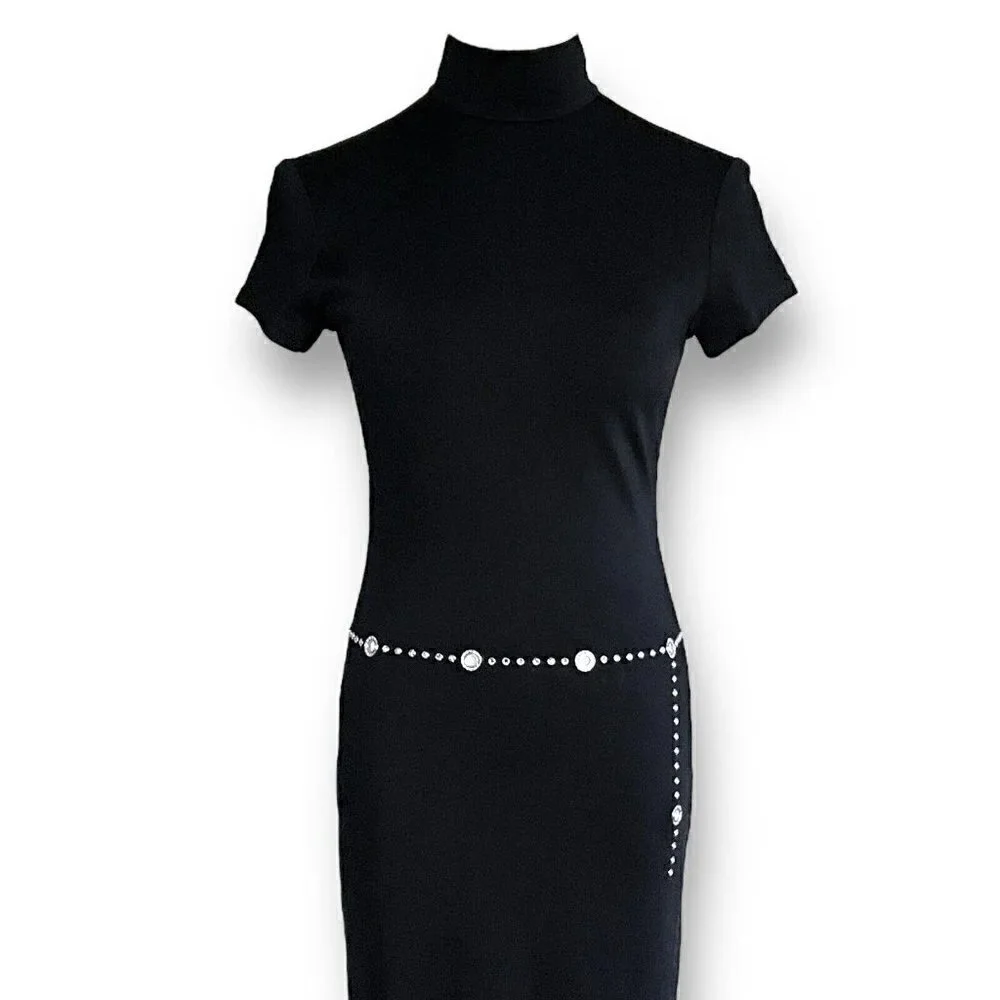 Vintage 90s Tadashi Dress XSP XS Petite Black Bodycon Mock Neck Rhinestone Belt